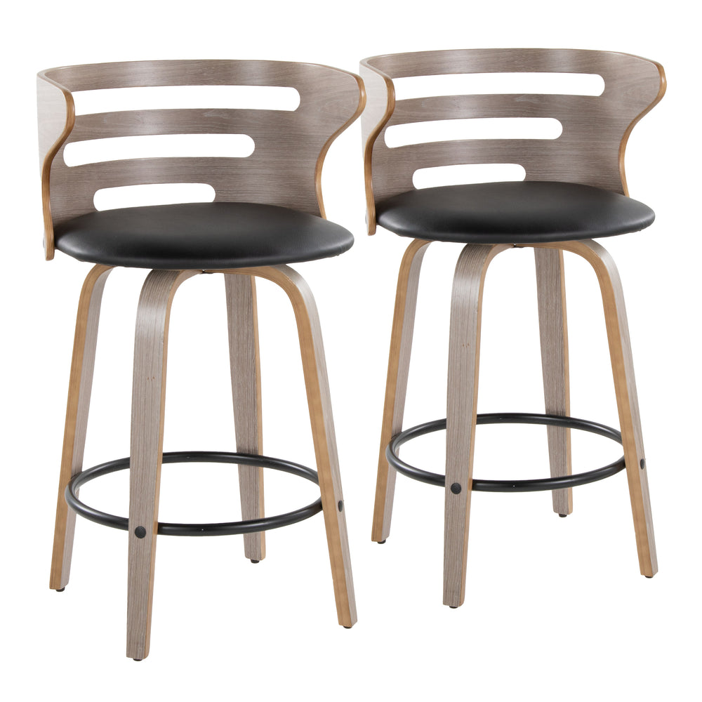 English Elm Cosini Mid-Century 26" Counter Stool Set of 2 — Swivel Faux Leather Seats, Bent Wood Legs, Footrest B202S00203