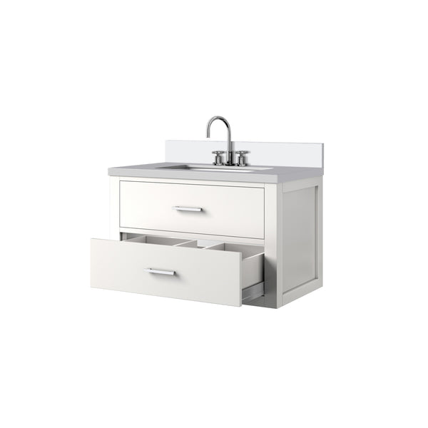 English Elm White 30 in Single Bath Vanity with White Quartz Top, Chrome Gooseneck Faucet, Soft-Close Drawers, Solid Wood Frame B2731P257945