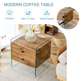 English Elm Double-Drawer Bedside Table. The Board Surface Is Mdf Sticker, and Both Sides Are Transparent Tempered Glass. The Design Is Simple and Elegant, With Excellent Storage Functions.