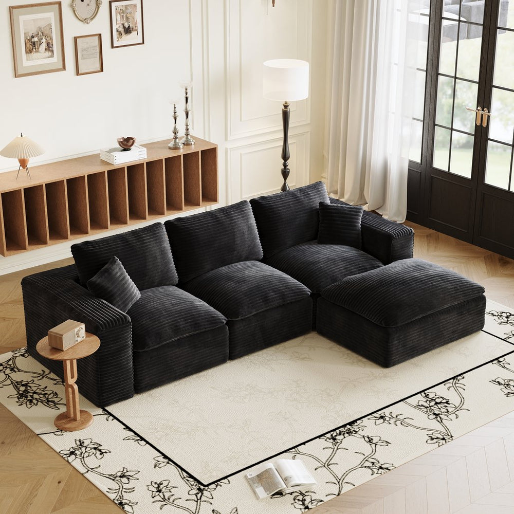 English Elm 108" Cloud Sectional Couch Modular L-Shape Chaise, Plush Corduroy Upholstered Sofa with Deep Seat Black W3361S00001