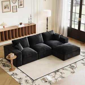 English Elm 108" Cloud Sectional Couch Modular L-Shape Chaise, Plush Corduroy Upholstered Sofa with Deep Seat Black W3361S00001