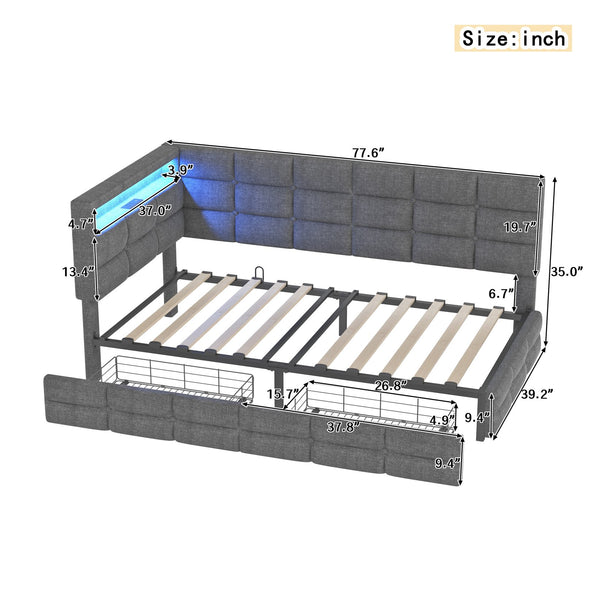 English Elm Upholstered Twin Daybed with 2 Under-Bed Drawers, Headboard Storage, USB-C Charging & LED Lights Gray 41.31 L x 21.42 W x 13.37 H N733P285121E