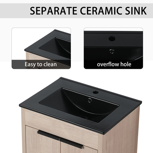 English Elm 60 Inch Freestanding Bathroom Vanity With Black Ceramic Sink, Soft-Close Doors & Storage Solutions W999S00317
