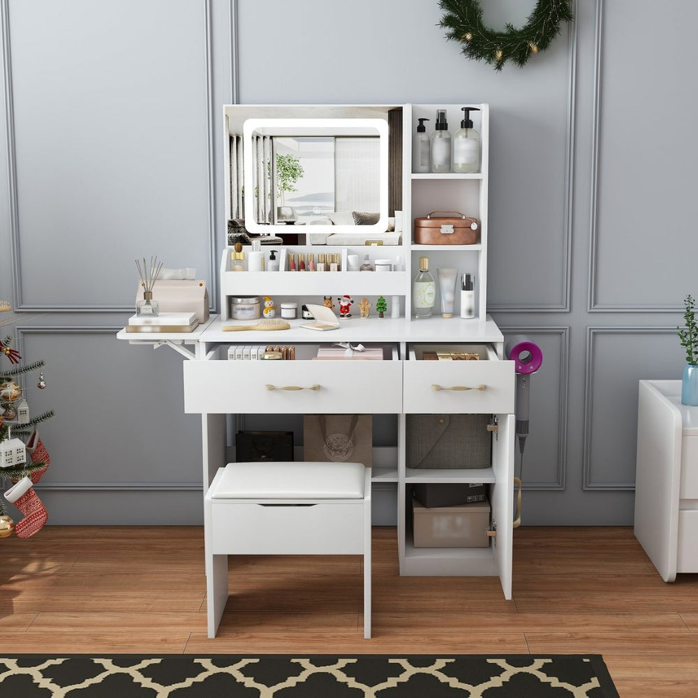 English Elm Vanity Desk with Led Mirror Touch Light Power Outlet Drawers and Storage Stool W2700P342538