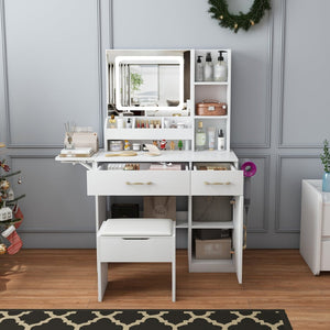 English Elm Vanity Desk with Led Mirror Touch Light Power Outlet Drawers and Storage Stool W2700P342538