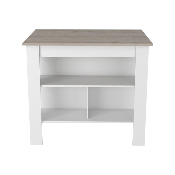 English Elm Cala Kitchen island with wide prep top, stool-friendly legroom and three open shelves for storage and organization Multicolor 44.5 L x 31.5 W x 4.7 H B20092013