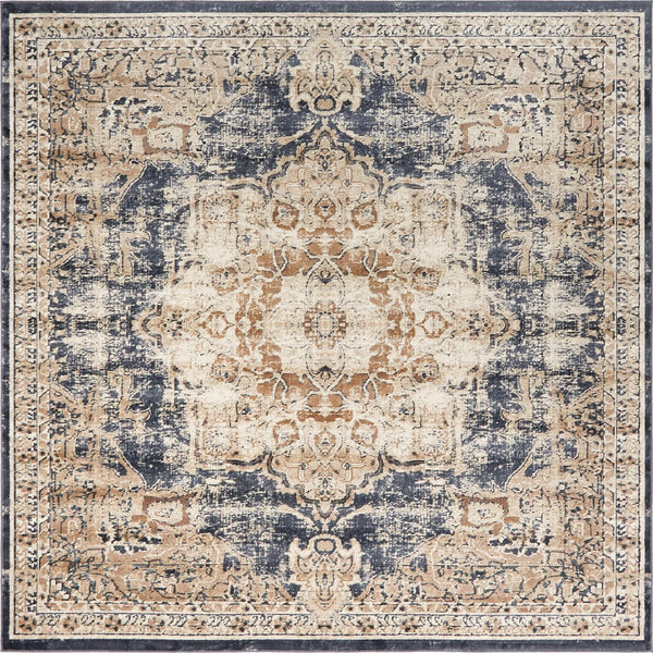Unique Loom Chateau Roosevelt Machine Made Border Rug Dark Blue, Beige/Brown/Ivory 7' 1" x 7' 1"