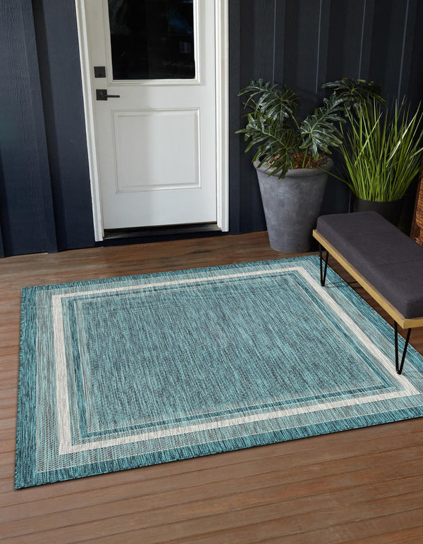 Unique Loom Outdoor Border Soft Border Machine Made Border Rug Teal, Ivory/Gray 10' 8" x 10' 8"