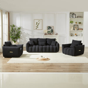 English Elm 3 Piece Teddy Fleece Sofa Set with Two Armchairs Cozy Apartment Living Room Seating Black W1193S00180