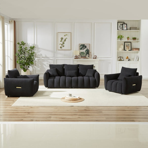 English Elm 3 Piece Teddy Fleece Sofa Set with Two Armchairs Cozy Apartment Living Room Seating Black W1193S00180