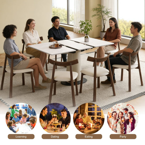 English Elm Retractable Rock Slab Dining Set with Leather Wrapped Base for Compact Apartments W2700S00104