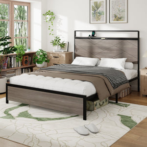 English Elm Bed Frame Queen Size - Antique Grey Platform Bed With Led Headboard, Usb Ports & Ample Storage Space W636P294959