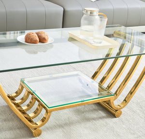English Elm 47" Modern Rectangle Coffee Table With Double-Layer Glass Shelves, Stylish Gold Frame & Storage Solution W2978S00013