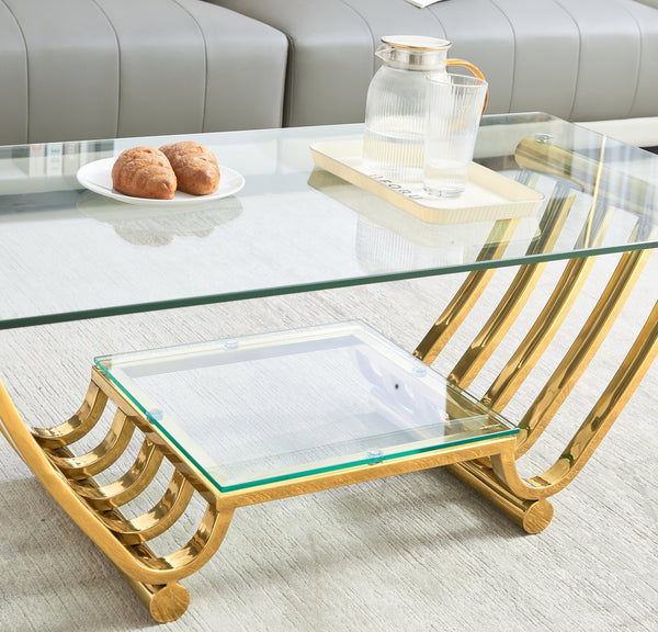 English Elm 47" Modern Rectangle Coffee Table With Double-Layer Glass Shelves, Stylish Gold Frame & Storage Solution W2978S00013