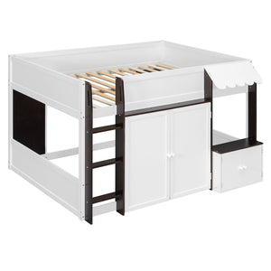 English Elm Twin House Loft Bed with Pull Out Rolling Desk Stair Drawers and Cabinet Storage Espresso+White N820S00074P