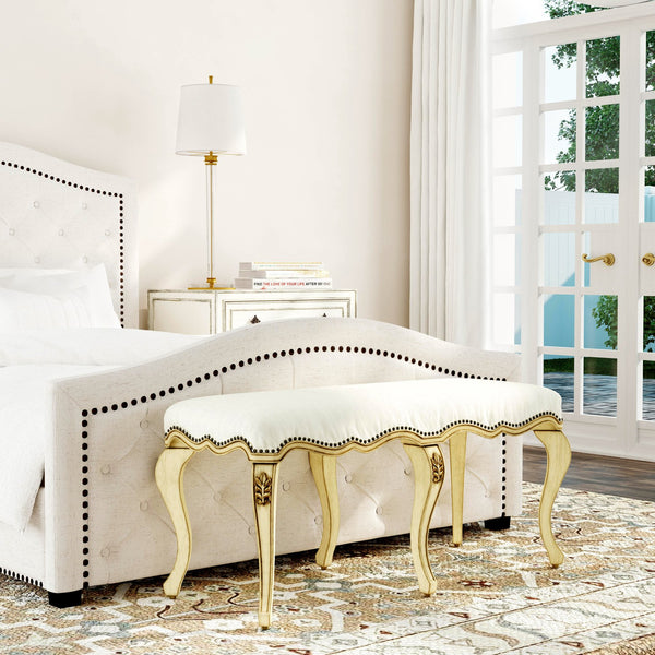 Butler Specialty Michelline Elegant Upholstered Accent Bench With Carved Legs And Antique Brass Nail Heads For Home Decor Beige Rubberwood Solids,Mdf,Urethane Foam,Cotton 2902424-butler