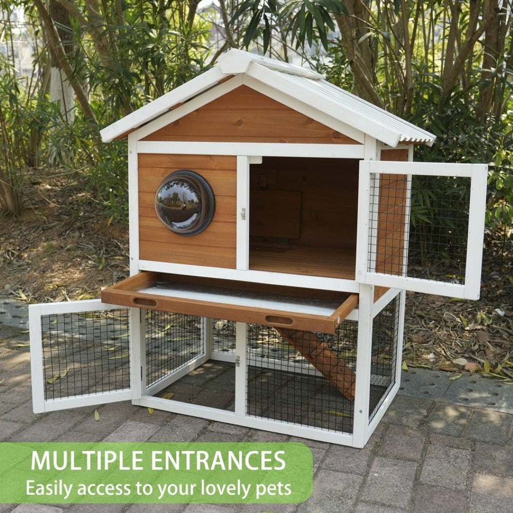 English Elm Three Story Solid Wood Outdoor Cat Villa with Balcony Weatherproof Feral Shelter W1431P284965