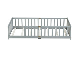 English Elm Twin Low Profile Rubberwood Floor Bed with Full Safety Fence for Toddler Rooms Grey W504P429333