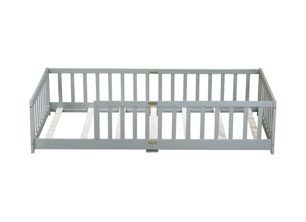 English Elm Twin Low Profile Rubberwood Floor Bed with Full Safety Fence for Toddler Rooms Grey W504P429333