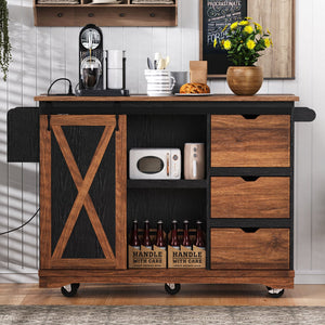 English Elm K&K 55.5" Farmhouse Kitchen Island with Sliding Barn Door, Drop Leaf, Charging Station, Wheels Black N707P288229B