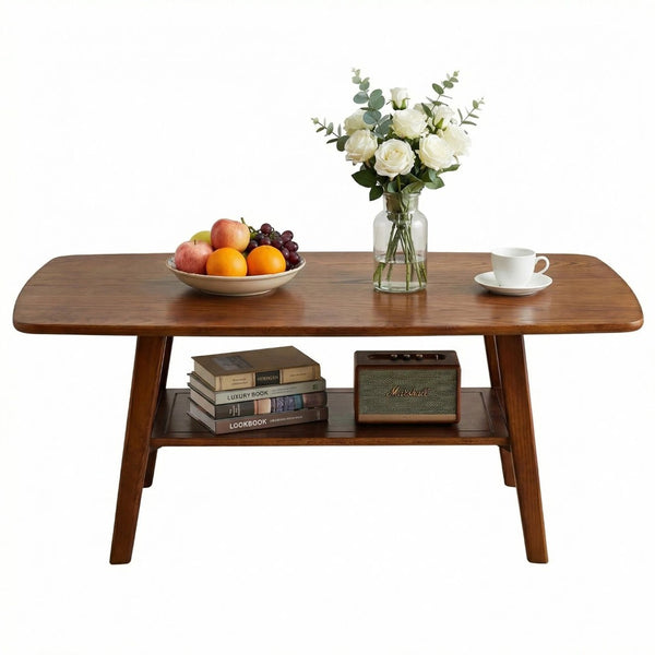 English Elm Mid Century Modern Solid Oak Two Tier Coffee Table with Open Shelf for Living Room Walnut W3204P469105