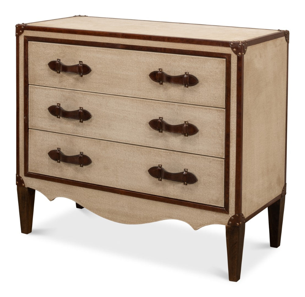 Sarreid French Art Deco Commode - Exquisite Natural Finish With Canvas, Leather, Wood, And Brass Accents Beige  29039