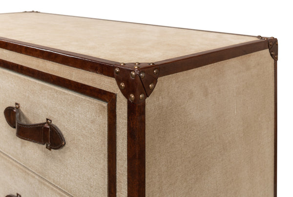 Sarreid French Art Deco Commode - Exquisite Natural Finish With Canvas, Leather, Wood, And Brass Accents Beige  29039