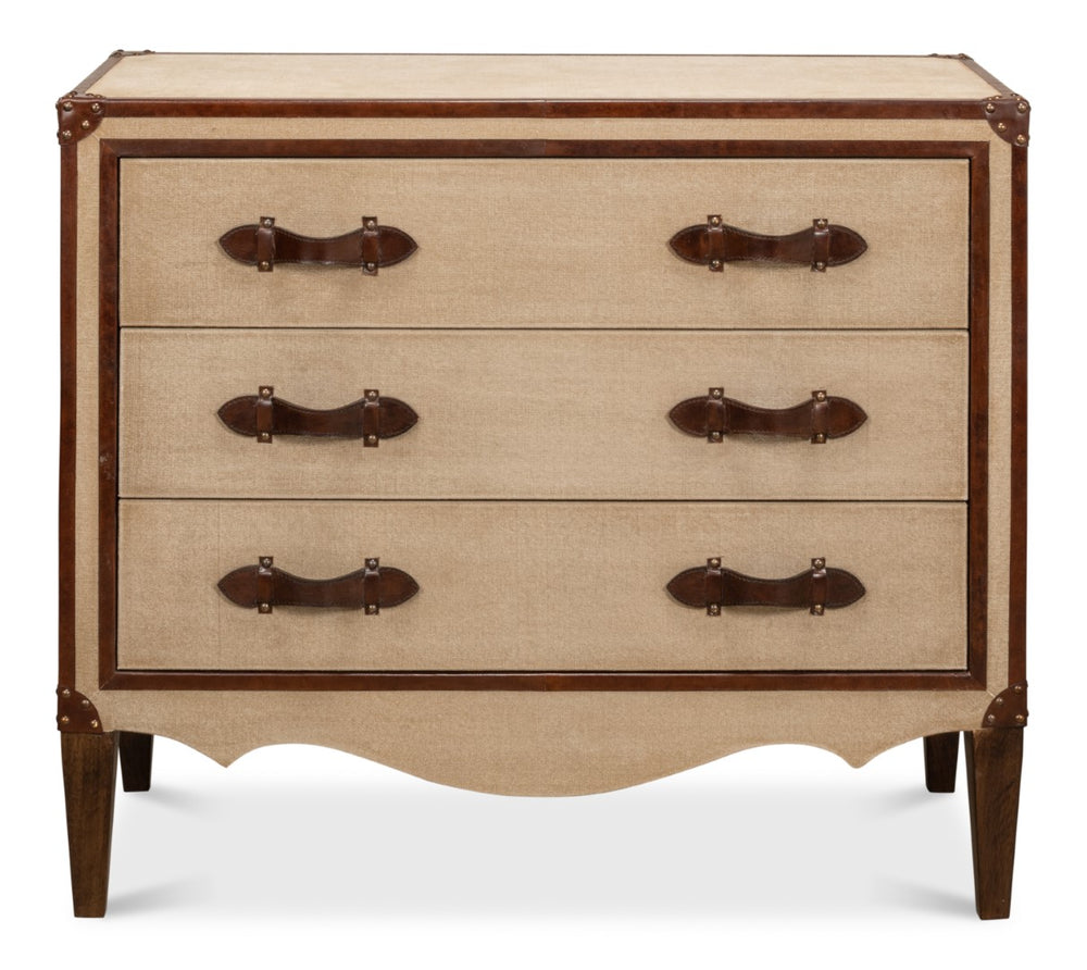Sarreid French Art Deco Commode - Exquisite Natural Finish With Canvas, Leather, Wood, And Brass Accents Beige  29039