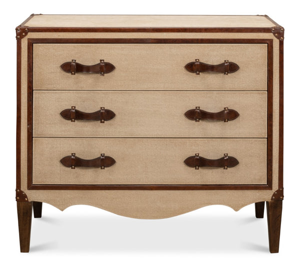 Sarreid French Art Deco Commode - Exquisite Natural Finish With Canvas, Leather, Wood, And Brass Accents Beige  29039