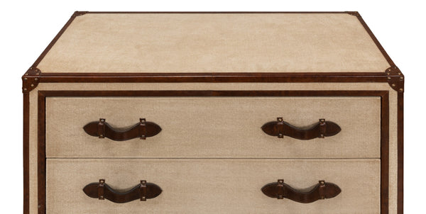 Sarreid French Art Deco Commode - Exquisite Natural Finish With Canvas, Leather, Wood, And Brass Accents Beige  29039