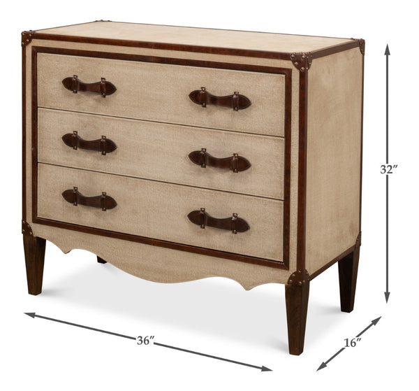 Sarreid French Art Deco Commode - Exquisite Natural Finish With Canvas, Leather, Wood, And Brass Accents Beige  29039