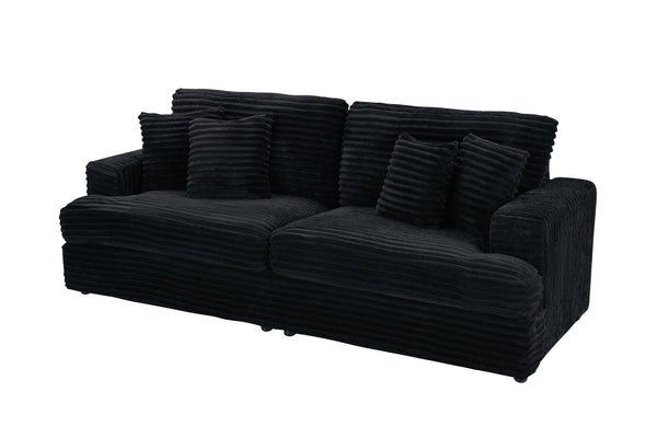English Elm 88.58" corduroy 3-seater sofa with 4 matching throw pillows, sturdy wood frame, modern luxe comfort Black W3356S00005