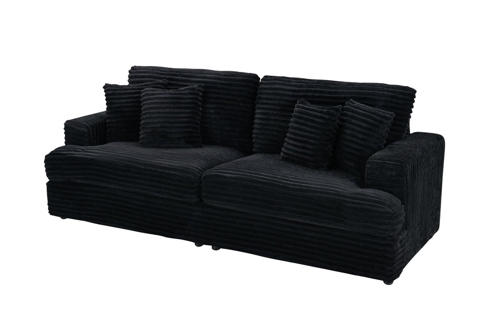 English Elm 88.58-Inch Modern Three-Seater Sofa With Plush Corduroy Upholstery & 4 Matching Cushions - Black Elegance W3356P312635