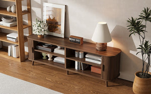 English Elm 70-inch Media Console with Sliding Groove Doors Solid Pine Legs and Cable Management N710P427897P