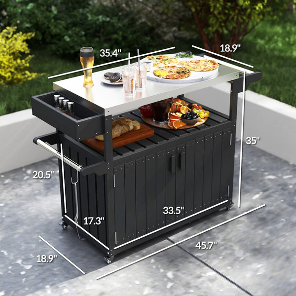 English Elm Convenient Outdoor Rolling Bar Cart with Stainless Steel Top and Hdpe Weather-proof Frame Black And Silver T3971P425208