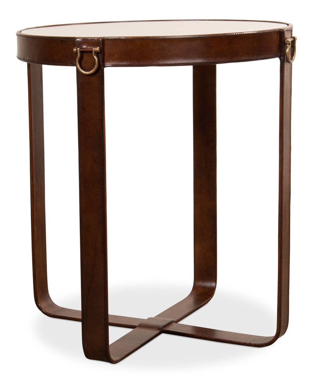 Sarreid Leather Harness Table - Antique Brown Goat Leather With Iron & Brass Accents, Glass Top Elegance Brown  29055