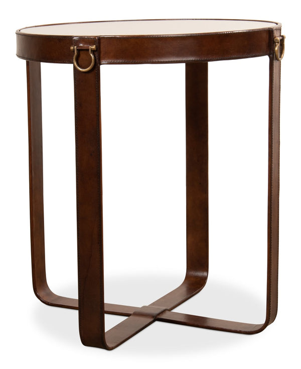 Sarreid Leather Harness Table - Antique Brown Goat Leather With Iron & Brass Accents, Glass Top Elegance Brown  29055