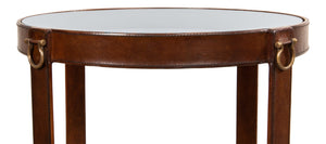 Sarreid Leather Harness Table - Antique Brown Goat Leather With Iron & Brass Accents, Glass Top Elegance Brown  29055