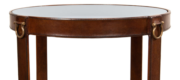 Sarreid Leather Harness Table - Antique Brown Goat Leather With Iron & Brass Accents, Glass Top Elegance Brown  29055