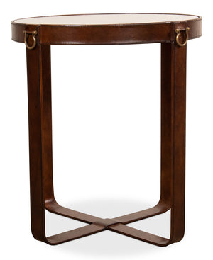 Sarreid Leather Harness Table - Antique Brown Goat Leather With Iron & Brass Accents, Glass Top Elegance Brown  29055