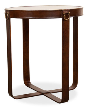 Sarreid Leather Harness Table - Antique Brown Goat Leather With Iron & Brass Accents, Glass Top Elegance Brown  29055