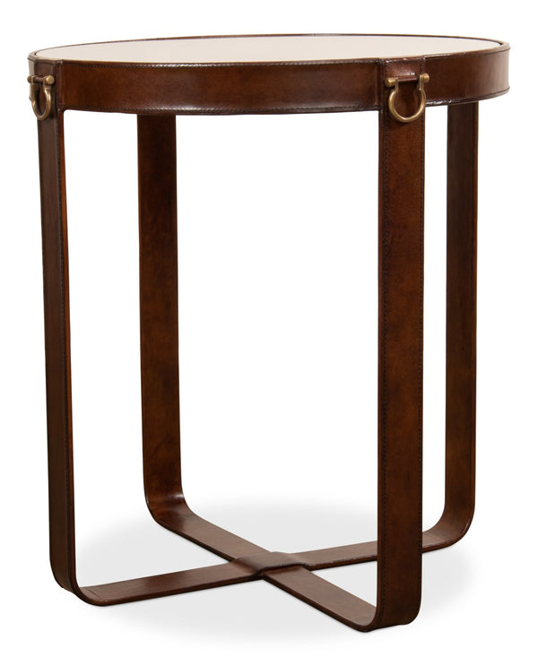 Sarreid Leather Harness Table - Antique Brown Goat Leather With Iron & Brass Accents, Glass Top Elegance Brown  29055