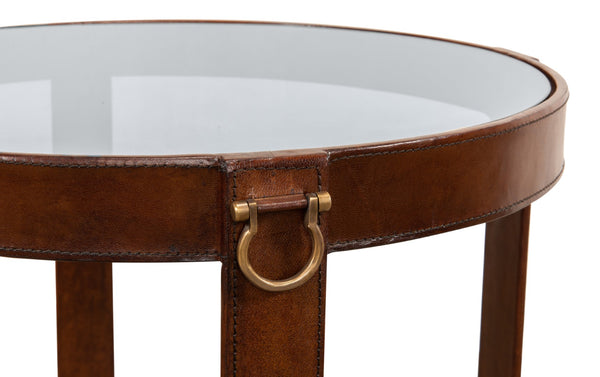 Sarreid Leather Harness Table - Antique Brown Goat Leather With Iron & Brass Accents, Glass Top Elegance Brown  29055
