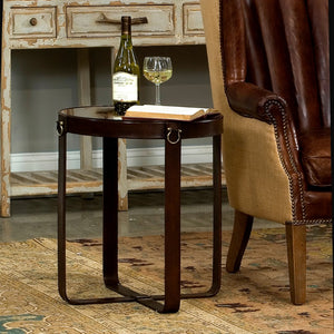 Sarreid Leather Harness Table - Antique Brown Goat Leather With Iron & Brass Accents, Glass Top Elegance Brown  29055