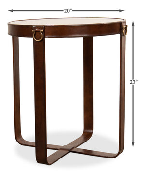 Sarreid Leather Harness Table - Antique Brown Goat Leather With Iron & Brass Accents, Glass Top Elegance Brown  29055