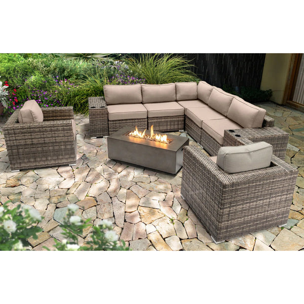 English Elm 6-Person Luxury Patio Seating Set with Concrete Fire Pit, HDPE Wicker, Plush Cushions, Turnkey Outdoor Retreat Grey B120S00105