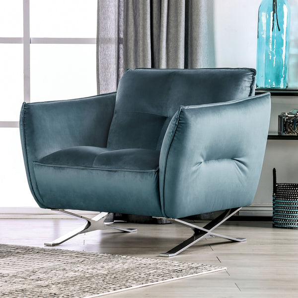 English Elm Teal Velvet Accent Chair with Biscuit Tufting, Chrome X Legs, High-Density Foam, Modern Luxe B2741S00592