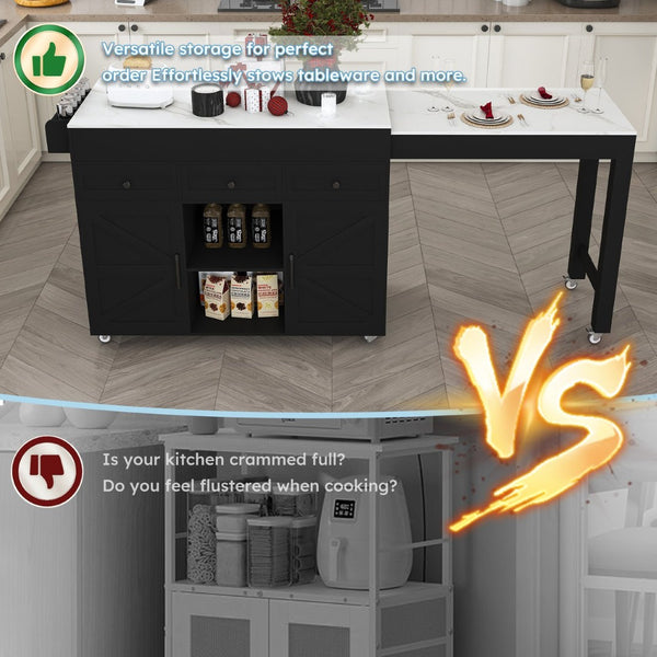 English Elm 74.8" Rolling Kitchen Island Extendable Marble Veneer Top with Power Outlet and Storage W2700S00106