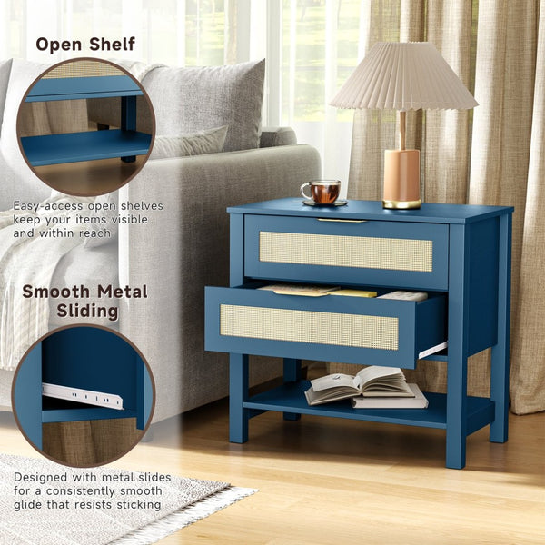 English Elm Rattan Front Boho Coastal Nightstand with Gold Pulls Open Shelf and Woven Drawer Accents Turquoise T3210P471549