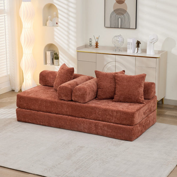English Elm Comfy Chenille Folding Floor Sofa Bed with Armrest for Studio and Guest Rooms Orange W1143P401141